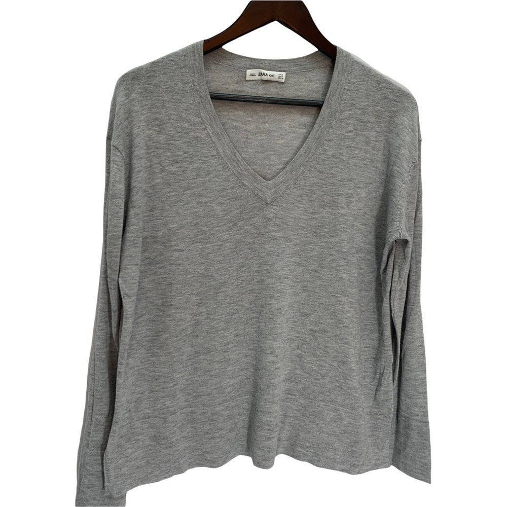 𝅺zara Knit Lightweight Grey V-Neck Sweater Oversized Size S - Picture 2 of 8
